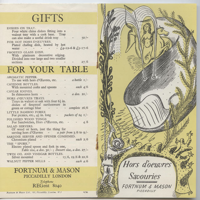 Edward Bawden. Hors d’Oeuvres and Savouries, 1936. Brochure, Collection of Fortnum & Mason, © Estate of Edward Bawden.