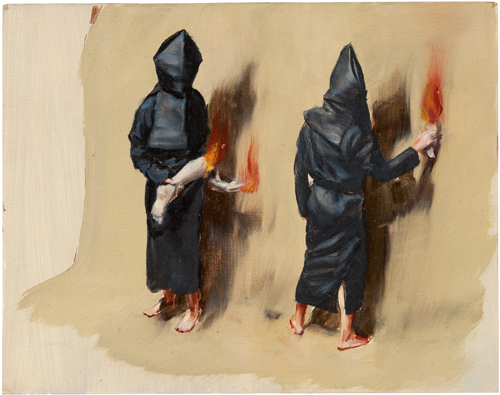 Michaël Borremans. Black Mould / Fiery Limbs, 2015. Oil on cardboard, 9 1/8 x 11 1/2 in (23 x 29.2 cm). Courtesy David Zwirner, New York/London and Zeno X Gallery, Antwerp.