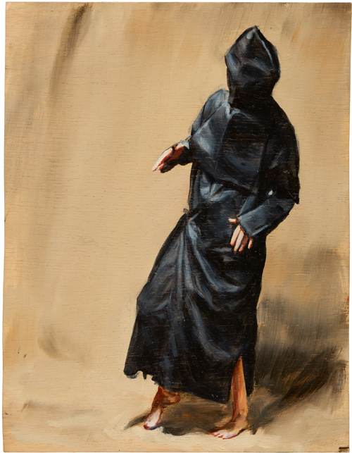 Michaël Borremans. Black Mould / Pogo, 2015. Oil on wood, 11 3/4 x 9 in (29.8 x 22.9 cm). Courtesy David Zwirner, New York/London and Zeno X Gallery, Antwerp.