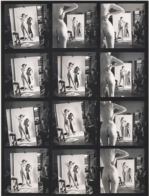 Helmut Newton. Self-Portrait with Wife and Models, Paris, Vogue Hommes, 1981. Gelatin silver contact sheet enlargement, 64 x 49 in (163 x 125cm). Private collection