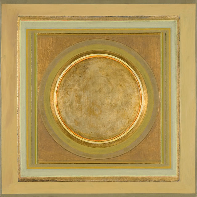 Paul Feiler. Janicon XCIX, 2005. Silver and gold leaf, gesso, canvas on board, 24 x 24 in. © Redfern Gallery and the Estate of Paul Feiler.