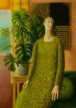Helen Flockhart. Woman with Textile, 2013. Oil on board, 58.5 x 40.5 cm. © Helen Flockhart.