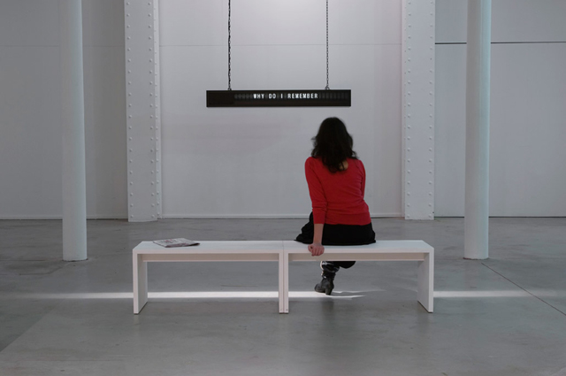 Shilpa Gupta. Untitled, 2008-09. Motion Flapboard, 20 min loop. 180 x 21.8 x 25 cm (70.9 x 8.3 x 10 in).