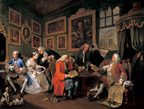William Hogarth. <em>Mariage à la mode - 1: le contrat de marriage </em>(<em>The marriage settlement</em>), 1743. Huile sur toile 70.5 x 90.8 cm. London, National Gallery © The National Gallery, London.