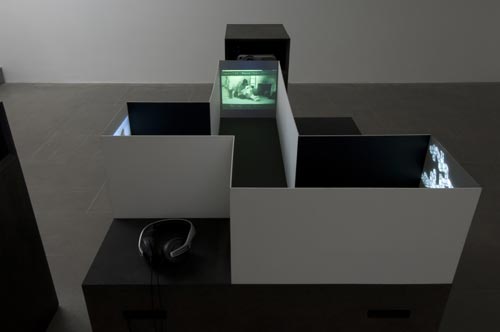 Pia Rönicke. <em>Model for Cinema</em>, 2007. Model and three video projections. Photograph by Ken Adlard. Courtesy of the artist and Lisson Gallery, London © Pia Rönicke, 2007