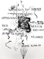 Susan Webster (image), Stuart Kestenbaum (text), Alive-O, 2016. Monotype, ink drawing, letter stamps, on paper, 56 x 76 cm (22 x 30 in). © the artists.