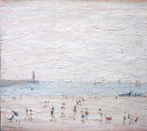 LS Lowry. Spittal Sands, Berwick, 1960. Oil on panel, 38.4 x 43.5 cm. The Lowry Collection, Salford. © The Estate of LS Lowry.