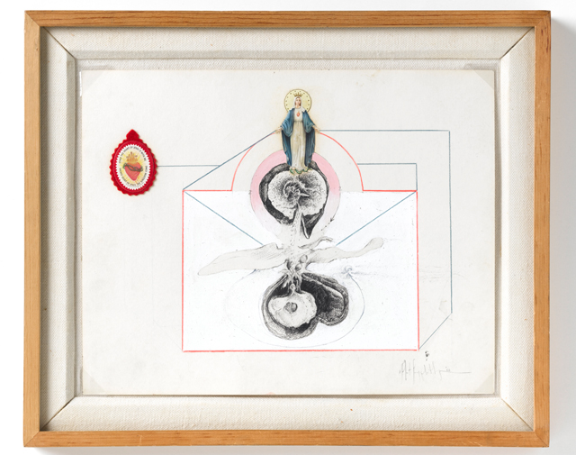 Robert Mapplethorpe. Untitled / Madonna Medallion, 1968. Colour pencil, paint, found object, sticker on paper, 27.9 x 34.3 cm. Courtesy Galerie Thaddeus Ropac, Paris/Salzburg. © Robert Mapplethorpe Foundation. Used by permission. Photograph: Ulrich Ghezzi.
