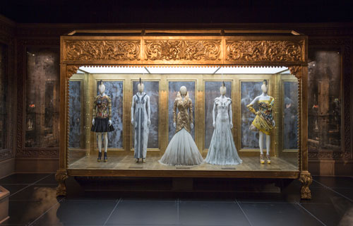Installation view of Romantic Gothic gallery. Alexander McQueen Savage Beauty at the V&A, 2015. Victoria and Albert Museum, London.