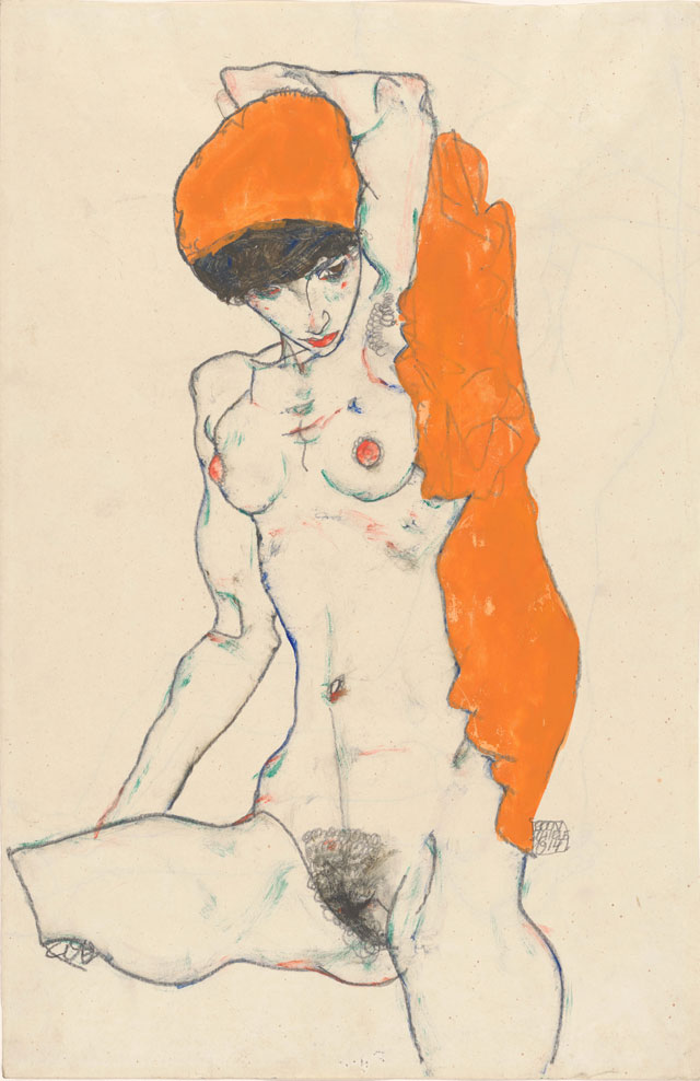 Egon Schiele. Standing Nude with Orange Drapery, 1914. Watercolour, gouache and graphite on paper, 18 1/4 x 12 in (46.4 x 30.5 cm). The Metropolitan Museum of Art, Bequest of Scofield Thayer, 1982.