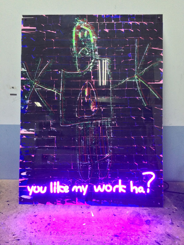 Ardan Özmenoğlu. You Like My Work, Ha? 2013. Neon tubing on post-it notes, 80 x 110 cm. Photograph courtesy of the artist.