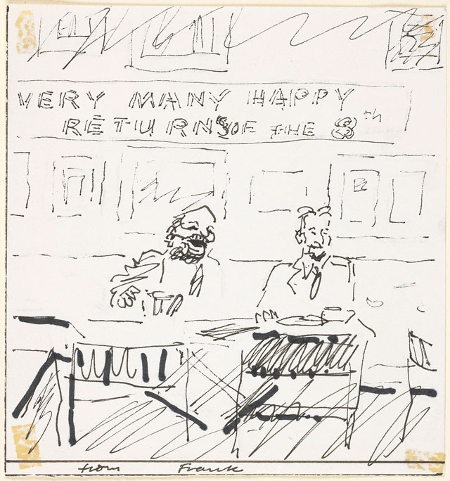 Frank Auerbach. Birthday card from Frank Auerbach to Lucian Freud. The Syndics of the Fitzwilliam Museum, University of Cambridge. © Frank Auerbach, courtesy Marlborough Fine Art. Photograph: Fitzwilliam Museum, Cambridge.