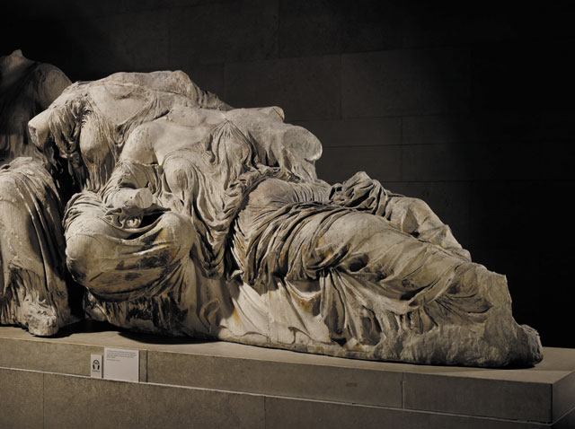 Goddesses in diaphanous drapery, figures L and M from the east pediment of the Parthenon, about 438–432 BC, Marble. © The Trustees of the British Museum.