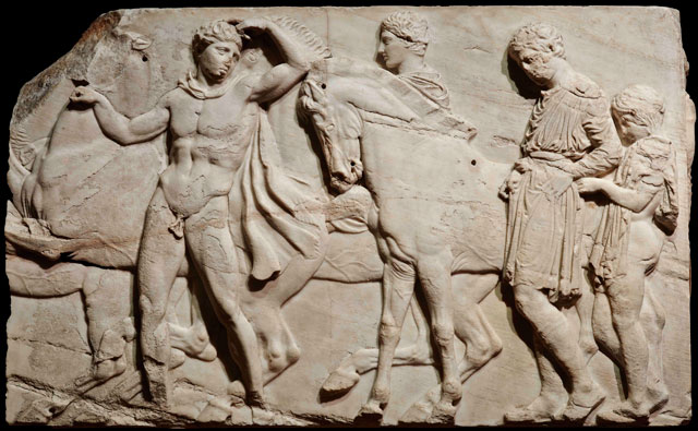 Unmounted youths preparing for the cavalcade, block from the north frieze of the Parthenon, about 438–432 BC, Marble. © The Trustees of the British Museum.