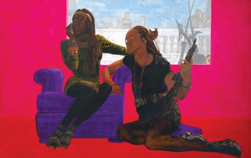 Kimathi Donkor. Drama Queen (Scenes from the life of Njinga Mbandi), 2010. Oil on linen, 160 x 100 cm. Copyright the artist.