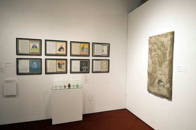 Installation View: Thinking Pictures: Moscow Conceptual Art at the Dodge Collection at the Zimmerli Art Museum at Rutgers. Includes: Inspection Medical Hermeneutics, Untitled Collages, 1980s and Andrei Roiter, Monologue, undated painting. Photograph: Peter Jacobs.