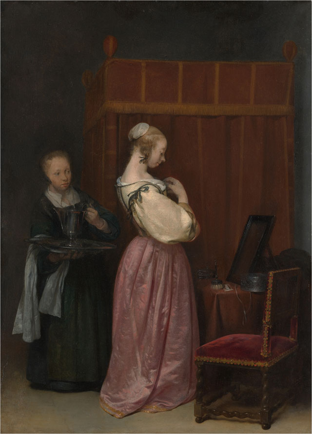 Gerard ter Borch. Young Woman at her Toilet with a Maid, c1650-51. Oil on wood, 47.6 x 34.6 cm (18 3/4 x 13 5/8 in). Lent by The Metropolitan Museum of Art, Gift of J. Pierpont Morgan, 1917 (17.190.10).
