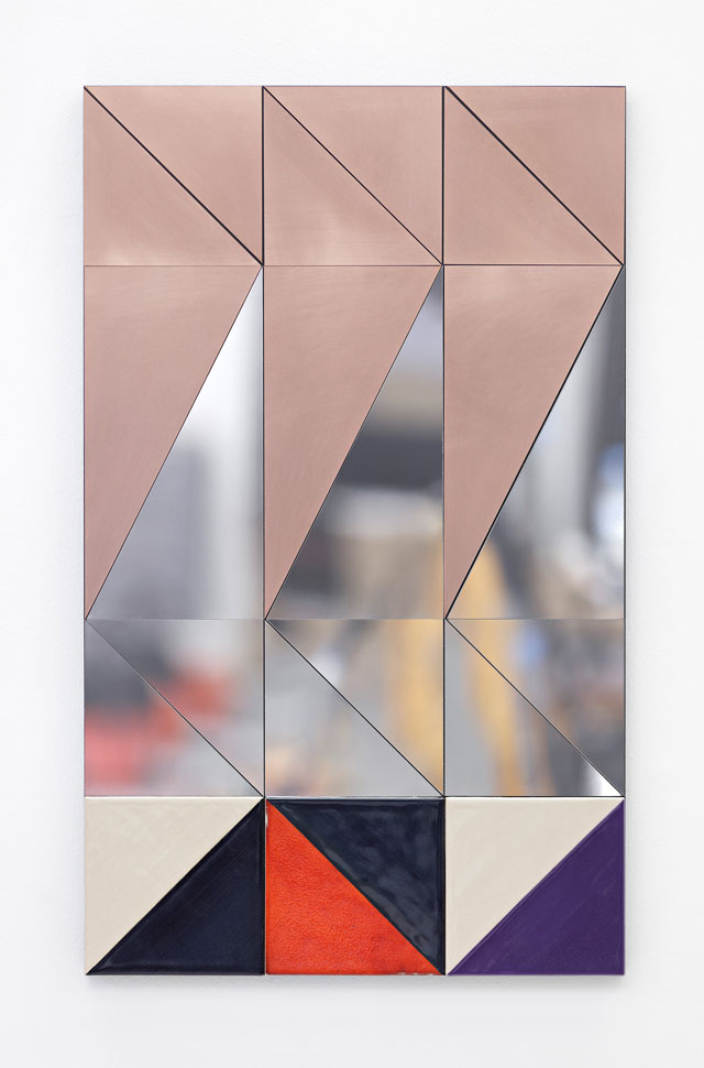 Claudia Wieser. Untitled, 2017. Copper, mirror-polished stainless steel, and ceramic on MDF, 29 3/4 x 18 1/8 x 1 1/8 in (75.6 x 46 x 2.9 cm). Courtesy of the artist and Marianne Boesky Gallery, New York and Aspen. © Claudia Wieser. Photograph: Object Studies.