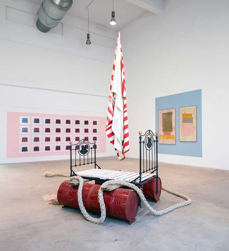 Yto Barrada. Lit-ras-d’eau I (Raft I), 2023. Installation view, Yto Barrada: Deadhead, Fondazione Merz, Turin, 2025. Photo: A Guermani.