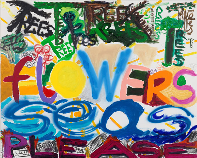 Martin Creed. Work No. 3113, TREES FLOWERS SEAS PLEASE, 2018. Acrylic, charcoal, graphite and oil on canvas, 152.7 x 122 x 2 cm (60 1/8 x 48 x 3/4 in). © Martin Creed. All Rights Reserved, DACS 2018. Courtesy the artist and Hauser & Wirth.