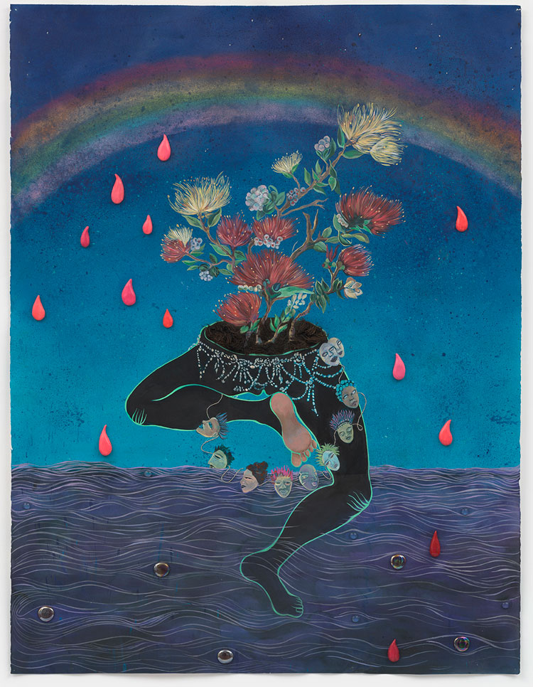Chitra Ganesh, Breathing Water and Air, 2024. Acrylic, ink, chalk, embroidery, faux fur, ceramic, and glass on paper. Courtesy of Lévy Gorvy Dayan.