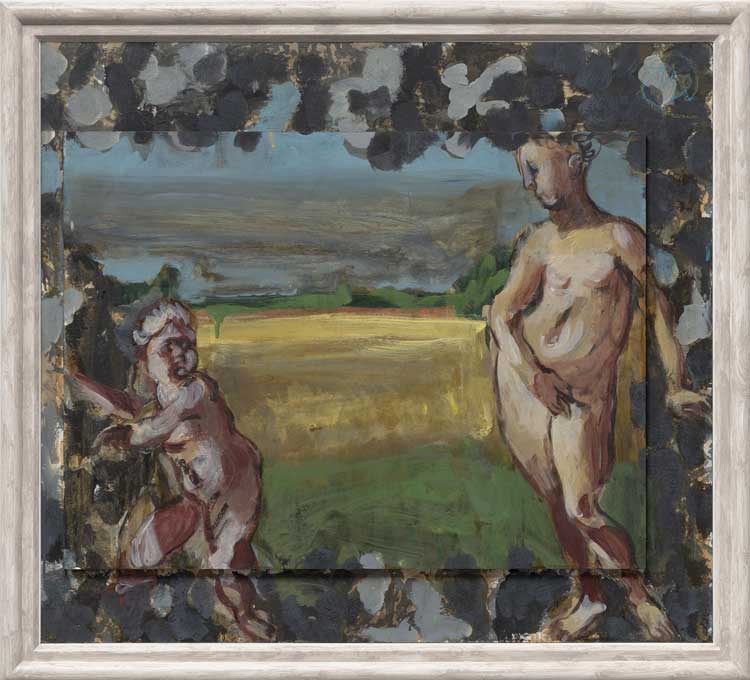 Markus Lüpertz. Amor + Psyche, 2020. Mixed media, collage on press board in artist’s frame, 82 x 92 cm (32 1/4 x 36 1/4 in). © Markus Lüpertz. Courtesy Michael Werner Gallery.