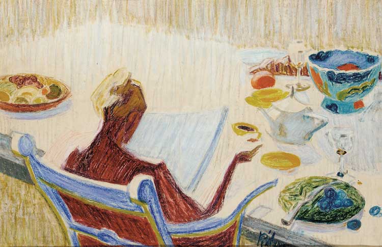 Bridget Riley, RA (b1931), Woman at Tea-table, not dated, coloured crayons and pastel. 48.2 x 73.7 cm. The Ingram Collection © The Artist.