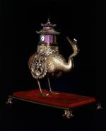 James Cox (d.c.1791)
Clock in the shape of a crane carrying a pavilion on its back, 18th century. 
Gilt bronze and coloured stones.
 Height 40 cm. 
The Palace Museum, Beijing.