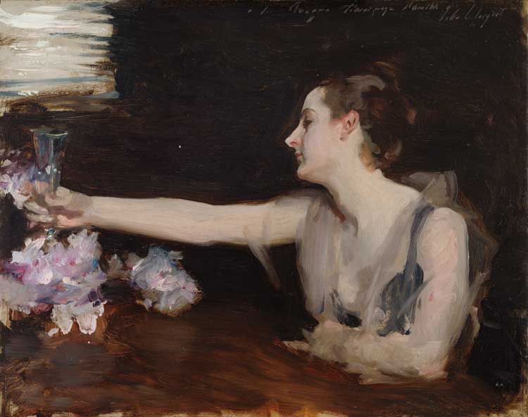 John Singer Sargent, Madame Gautreau Drinking a Toast, 1882-83. Oil on panel, 12 5/8 × 16 1/8 in (32 × 41 cm). Isabella Stewart Gardner Museum, Boston.