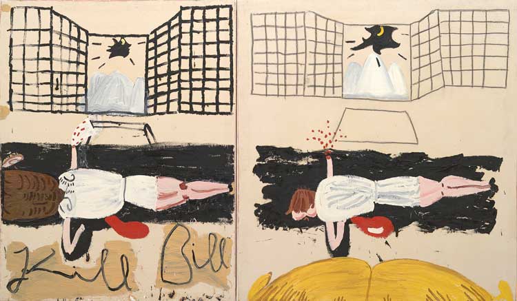 Rose Wylie, Kill Bill (Film Notes), 2007. Oil on canvas, 180 × 308 cm (overall). Courtesy private collection and JariLager Gallery. Photo courtesy Jari Lager. Photo: Soon-Hak Kwon. © Rose Wylie.