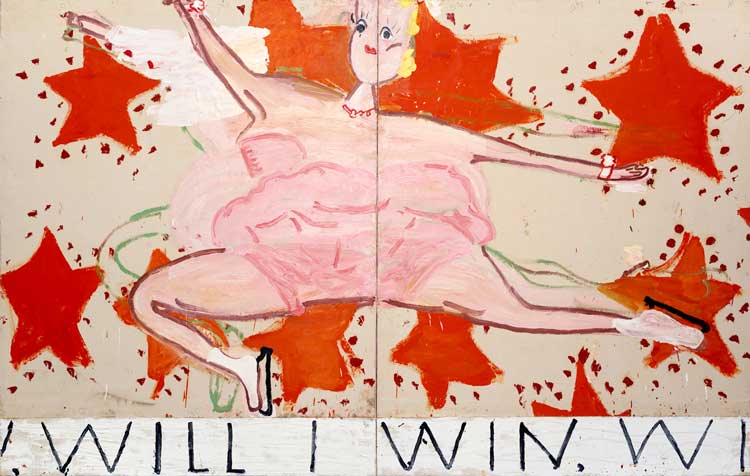 Rose Wylie, Pink Skater (Will I Win, Will I Win), 2015. Oil on canvas, 208 × 329 cm (overall). Courtesy private collection and JariLager Gallery
Photograph courtesy Jari Lager. Photo: Soon-Hak Kwon
© Rose Wylie