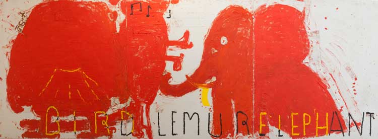 Rose Wylie, Bird, Lemur and Elephant, 2016. Oil on canvas, 183 × 499 cm (overall). Courtesy private collection and JariLager Gallery
Photo courtesy Jari Lager. Photo: Soon-Hak Kwon. © Rose Wylie.
