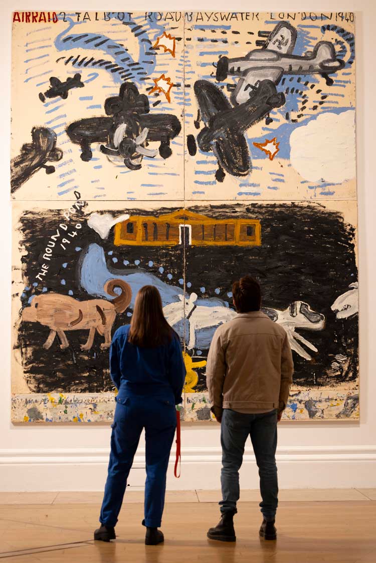 Rose Wylie, Park Dogs & Air Raid, 2017. Oil on canvas, 393 × 331 cm. Private collection. Installation view, Rose Wylie: the Picture Comes First, Royal Academy of Arts, London (28 February - 19 April 2026). Photo © Royal Academy of Arts, London / David Parry. © Rose Wylie.
