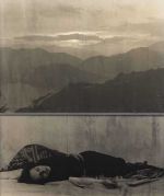 Urs Luthi, Selfportrait with landscape, 1970. Black and white photography on canvas. City of Zurich Art Collection.